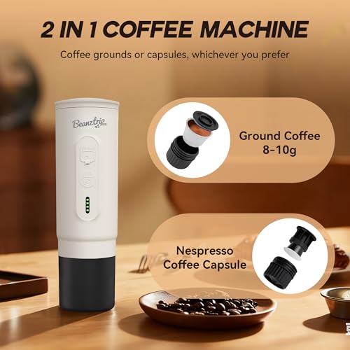 H02PRO Travel Coffee Maker, Portable Espresso Machine for Camping, 20 Bar Mini Coffee Maker Compatible with NS Capsule & Ground Coffee, 65ML Battery Operated Car Coffee Machines for Travel - color: Moonlight White