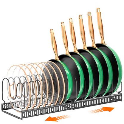 MUDEELA Pots and Pans Organizer Rack for under Cabinet, Expandable Pot Lid Kitchen Cabinet Organizer Holder with 14 Adjustable Compartment Cutting Board Organizer for Pan Lid, Bakeware - style: 14 Dividers-Black