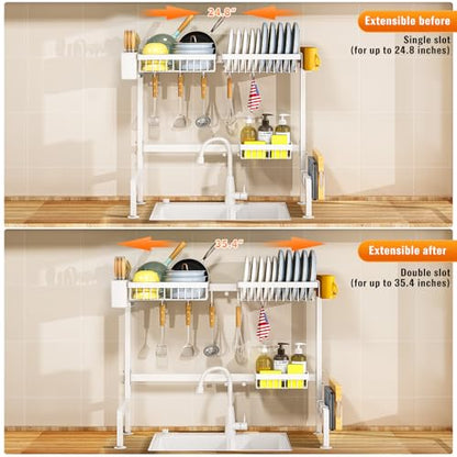 YKLSLH Over Sink Dish Rack - Extensible Large Drying Rack, Suitable for Most Sinks (26.57"-35"), Adjustable Metal Rack, Space Saving, White - color: White, size: 2 tiers 3 baskets