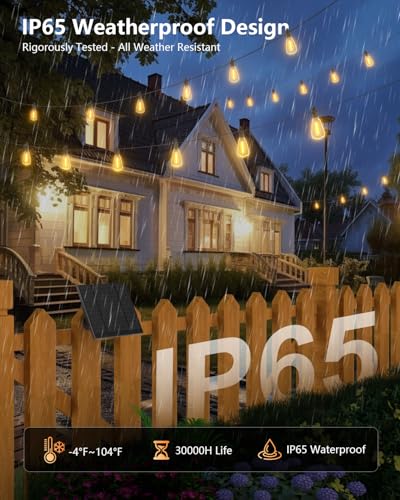 Brightown 100FT Solar String Lights Outdoor Waterproof with Remote, 31+2 LED Shatterproof Bulbs, Dimmable & Timable, 3 Light Modes - Commercial Grade Patio Lights for Garden Backyard Party Decor - size: 100FT(31 Sockets)