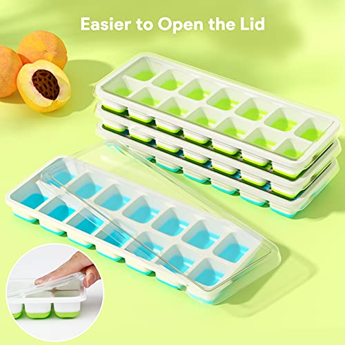 Ice Cube Trays 4 Pack, Airabc Silicone with Removable Lid, Easy-Release Flexible 14-cube Trays, LFGB Certified and BPA Free, Stackable Covers for Cocktail, Freezer - color: Blue+green