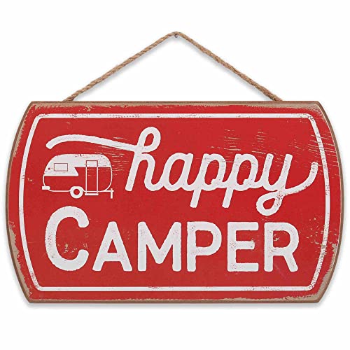 Happy Camper Hanging Wood Wall Decor - Fun Vintage Sign for RV, Camper or Garage - color: Red