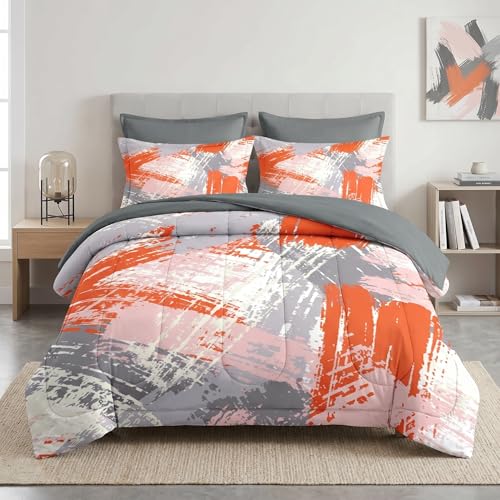 Pamnest Comforter Set Full Size, Urban Graffiti Orange Grey 7 Pcs Bedding for Kids and Adults, Abstract Paint Line Bed Sheet Sets with Fitted Sheet 2 Pillowcase & 2 Sham for Bedroom Bed Decor - color: Abstract Paint, size: Full