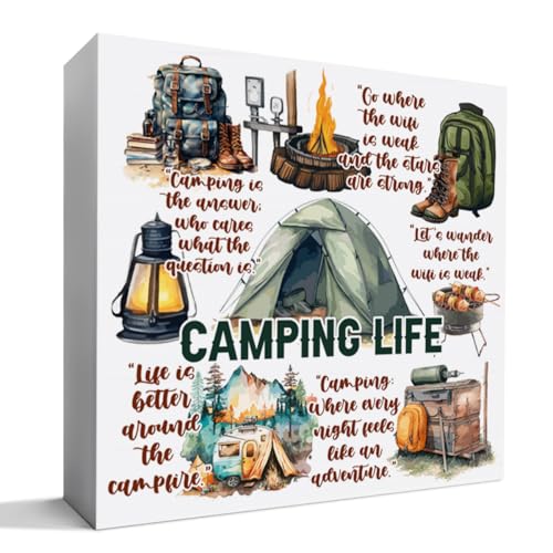 Camping Desk Decorations Wooden Sign, Camp Decor for Home Cabin RV Camper, Camper Gifts for Women Men Camp Lover, Camping Life