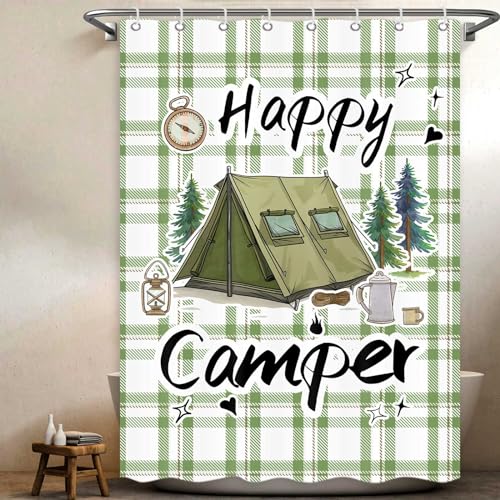 Happy Camper RV Shower Curtain Rustic Pine Tree Adventure Tent Camping Waterproof Fabric Bathroom Curtains Travel Trailer Bathroom Accessories Set with Hooks 47 x 64 Inches - color: Sage, size: 47"W x 64"L (Pack of 1)