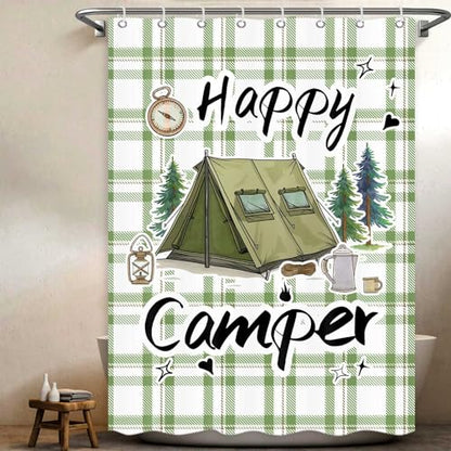 Happy Camper RV Shower Curtain Rustic Pine Tree Adventure Tent Camping Waterproof Fabric Bathroom Curtains Travel Trailer Bathroom Accessories Set with Hooks 47 x 64 Inches - color: Sage, size: 47"W x 64"L (Pack of 1)