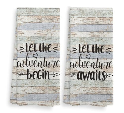 Let The Adventure Begin Kitchen Towel and Dishcloth Set of 2, Camping Hand Towels, Gifts for Campers, Campsite Drying Cloth, Tea Towels for Bathroom Kitchen, 1624 Inch - color: Adventure