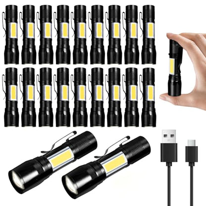 KunHe 20 Pack Rechargeable Flashlights USB-C Mini LED Adjustable Focus Bright Clip-On EDC Flashlight with Side COB Light for Camping Home Emergency - size: 20 PACK
