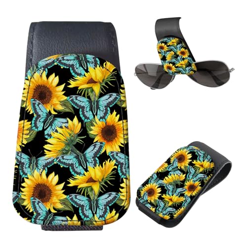 Sunglasses Holder for Car Visor, PU Leather Glasses Clip Organizer, Cute Magnetic Eyeglass Holder for Vehicle Sun Visor, Car Interior Accessory for Women & Men Sunflower Butterfly Field - color: Sunflower Butterfly Field