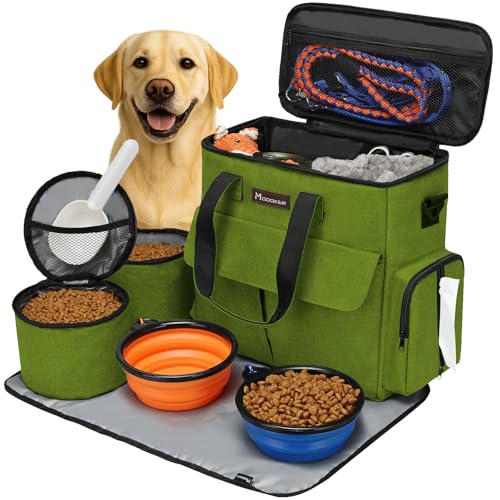Modoker Dog Travel Bag, Weekend Pet Travel Set for Dog and Cat, Airline Approved Tote Organizer with Multi-Function Pockets and 2 Food Storage Containers, 2 Collapsible Bowls, 1 Feeding Mat (Green) - color: Green
