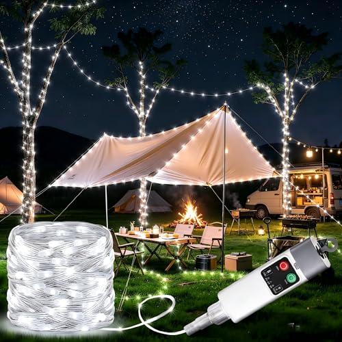 Joomer Camping String Lights, Camping Essentials Gear 66FT 200LED Rechargeable Lights Waterproof, Outdoor String Light with 13 Modes for Awn Tent Yard Garden Hiking Travel Decoration (White) - color: White, size: 66FT