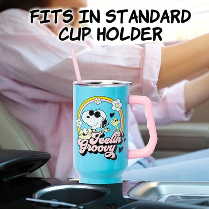Silver Buffalo Peanuts Featuring Snoopy and Woodstock Feelin' Groovy Double Walled Stainless Steel Tumbler with Handle and Straw, Fits in Standard Cup Holder, 40 Ounces - color: Peanuts Feeling Groovy