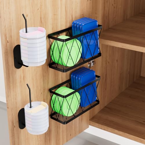 YIGII Kitchen Cabinet Organizer, 4 Pack Over Cabinet Door Organizer with 2 Baskets & 2 Lid Holders, Inside Cabinet Food Container/Tumbler Lid Storage, Pot Lid Holders, Black - color: Black, size: 4 Pack