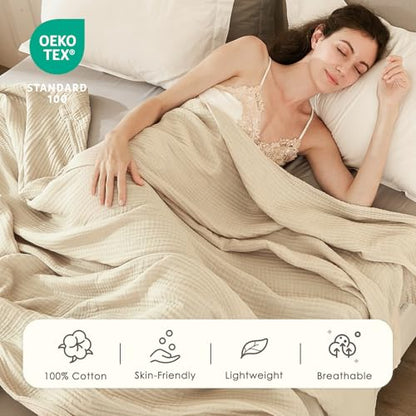 EMME Cotton Throw Blanket for Couch Soft Muslin Blankets 50"x60" Lightweight Breathable Blanket Beige All Season Gauze Blanket - color: 02 - Beige, size: Throw (50" x 60")