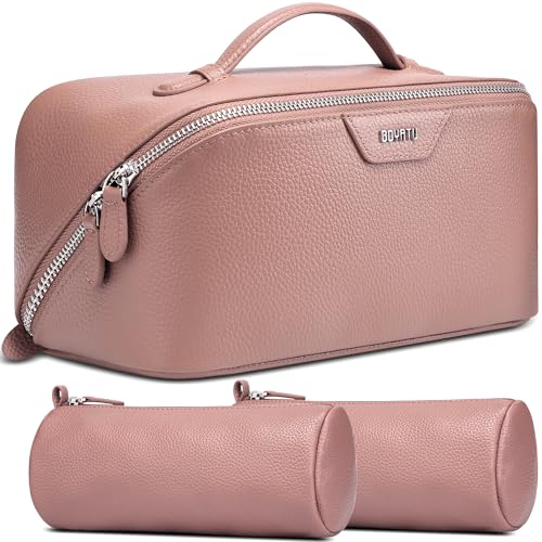 BOYATU Genuine Leather Makeup Bag: 3 Pcs Set Luxury Birthday Gifts for Women - Large Capacity Toiletry Organizer for Elegance - Travel Essentials Gift for Teacher Mothers Girlfriend Wife(05Pink) - color: 05Pink