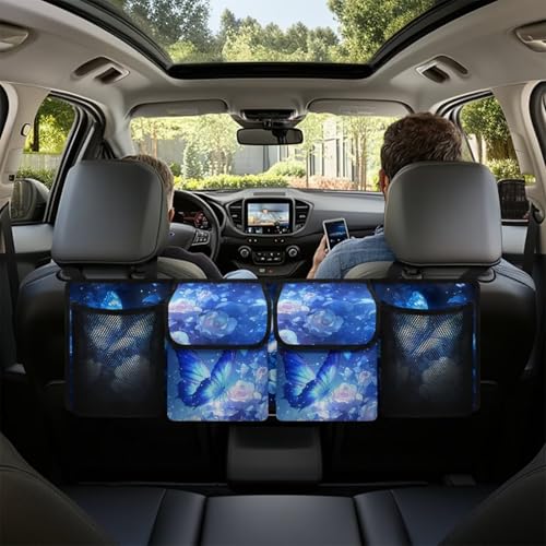 Blue Butterfly Roses Car Backseat Hanging Trunk Organizer for SUV Car Storage Bag with 4 Pockets Multipurpose Adjustable Car Organizer Bag Auto Interior Accessories - color: Blue Butterfly Roses