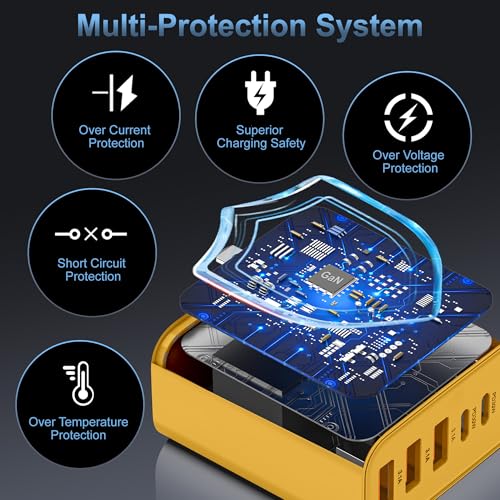 65W USB C Charger Block,6-Port Multi Device Fast Charger PD QC Wall Adapter | GaN technology saves space and reduces heat,ideal for home,office,travel,wide compatibility for iphone & USBC devices（Yellow - color: Yellow
