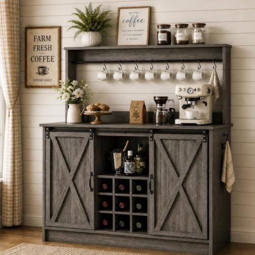 4ever2buy Farmhouse Coffee Bar Cabinet with 9 Wine Racks and 6 Hooks, 47 Inch Wine Cabinet with Storage, Kitchen Buffet Cabinet with Adjustable Shelves for Living Dining Room, Grey - color: Grey, size: 47Inch