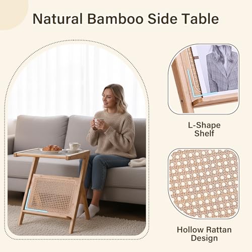 Tiita Rattan Side Table, Mid Century Nightstand, Bamboo Accent Bedside Tables, Glass Coffee Tables, Boho Wooden End Table with Storage for Small Space, Living Room and Bedroom - color: Rattan-l-wood