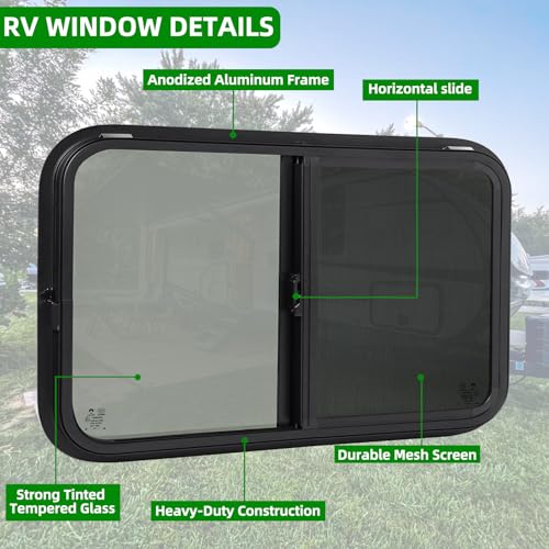 RV Window for Cargo Trailer,42" W x 22" H RV Window Replacement for Camper Travel Trailer Cargo Van,Horizontal Sliding with Trim Ring Fit 15/16" or 1-3/8" Thick Wall,Allow Error 1/16",DOT Approved - size: 42"W x 22"H