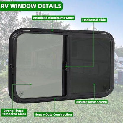 RV Window for Cargo Trailer,42" W x 22" H RV Window Replacement for Camper Travel Trailer Cargo Van,Horizontal Sliding with Trim Ring Fit 15/16" or 1-3/8" Thick Wall,Allow Error 1/16",DOT Approved - size: 42"W x 22"H