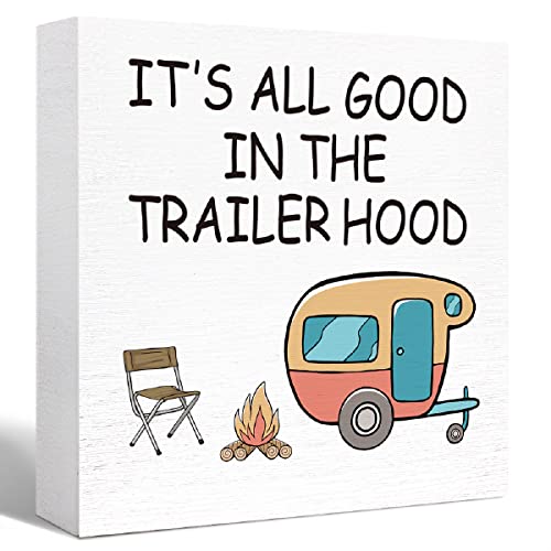 Funny Camping Wood Box Sign Rustic It's All Good in the Trailer Hood Wood Block Sign Home RV Camper Decor,Camper Decorations Accessories for Inside,Camping Gifts - color: It's All Good in the Trailer
