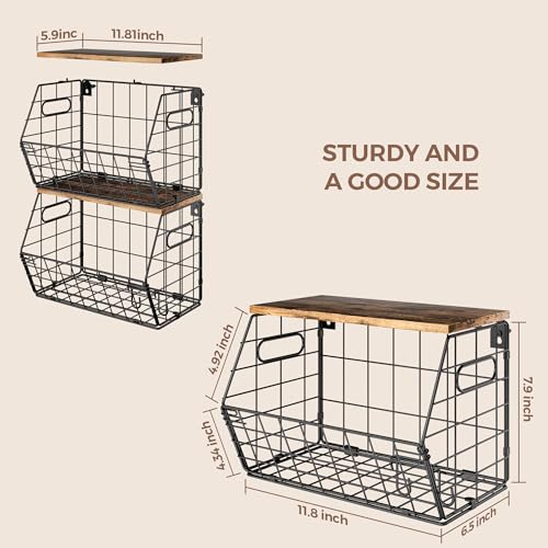 Delamu Stackable Metal Fruit Basket with Wood Lid 2 Pack, Hanging Wall Organizer for Kitchen Counter, Pantry Storage for Onions, Potatoes, Garlic, Fruits, Spices, Black - size: 2 Pack