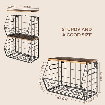 Delamu Stackable Metal Fruit Basket with Wood Lid 2 Pack, Hanging Wall Organizer for Kitchen Counter, Pantry Storage for Onions, Potatoes, Garlic, Fruits, Spices, Black - size: 2 Pack