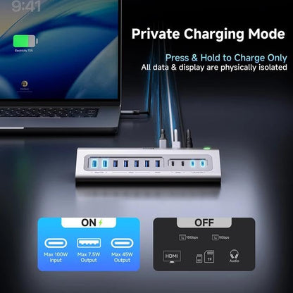 Giftos Powered USB Hub, 18 in 1 USB 3.2 Hub with 4K HDMI,PD 100W,45W Charge,10Gbps USB,SD/TF,Audio, 65W Adapter,3.3FT Cable,Aluminum,Smart Button, USB Hub for PC,Mac,Mac mini, iMac,iPhone 17/16,iPad - size: 18 IN 1