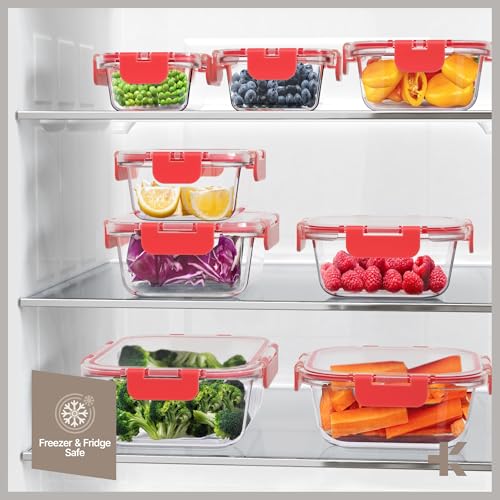 Bakken Borosilicate Glass Food Storage Containers with Lids 24 Pieces, BPA-Free Stackable Lunch & Leftover Containers, Microwave, Freezer & Dishwasher Safe, 100% Airtight Leak-Proof, Red - color: Red