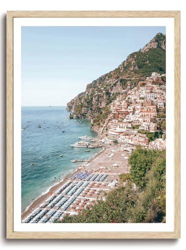 KISSFOX OAK Wood Framed Wall Art Coastal Wall Decor Beach Canvas Art Boat Pictures Landscape Paintings Travel Posters Aesthetic Artwork For Bedroom Office Living room - color: Amalfi Coast 3, size: 12x16 Wood