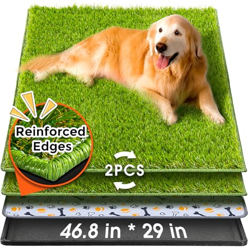 Hompet Dog Grass Pad with Tray Large, 46.8"x29", 2 Reusable Artificial Turf for Dogs Potty, Waterproof Non-Slip Washable Pee Pads, Quickly Absorbency Portable Dog Litter Box for Indoor/Outdoor Use - color: Black, size: 46.8 x 29"