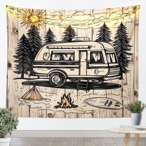 Feelyou Camper Tapestry RV Camping Wall Art for Living Room Bedroom Camper Accessories for Travel Trailers Wall Hanging Blanket Farmhouse Trailers Home Decor XLarge 70"x92" Wild - color: Black Yellow, size: X-Large