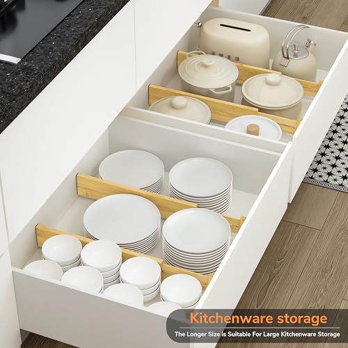 BAMEOS Bamboo Expandable Drawer Dividers – Fits 16.65"–22" Drawers, 3" Deep Walls, Set of 4 | Taller Spring-Loaded Separator Keeps Items Upright in Kitchen & Dresser Drawers - size: 3''H, 16.65''-22''L