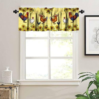 Rooster Window Valance, Western Farm Chicken Sunflower Retro Yellow Buffalo Grid Print Rod Pocket Short Window Treatments for Home Kitchen Living Room Bedroom, 54x18in - color: Farmhouse Animal-11