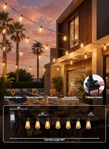 Minetom 55FT Outdoor String Lights with Remote, Shatterproof ST38 LED Bulbs, Waterproof Patio Lights with 3 Modes, Dimmable & Connectable 2700K Hanging Lights for Backyard Porch Deck Balcony - size: 55FT 25LED