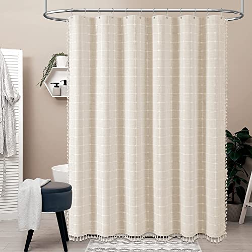 BTTN 54x78 Stall Shower Curtain - Boho Linen Heavy Duty Fabric Tassel Shower Curtain Set with 10 Hooks, Narrow Rustic Modern Farmhouse Neutral Thick Shower Curtains for Bathroom - Cream/Beige - color: A - Cream, size: 54"W x 78"L (Pack of 1)