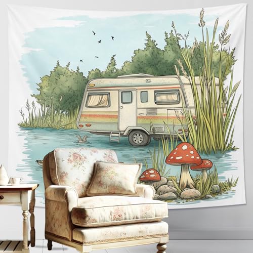 Camping Caravan Tapestry, Vintage Green Decorative Wall Hanging, Nature Landscape Aesthetic for Living Room, Bedroom, Outdoor, Relaxation Decor 60x50 Inch - size: 60x50 Inch