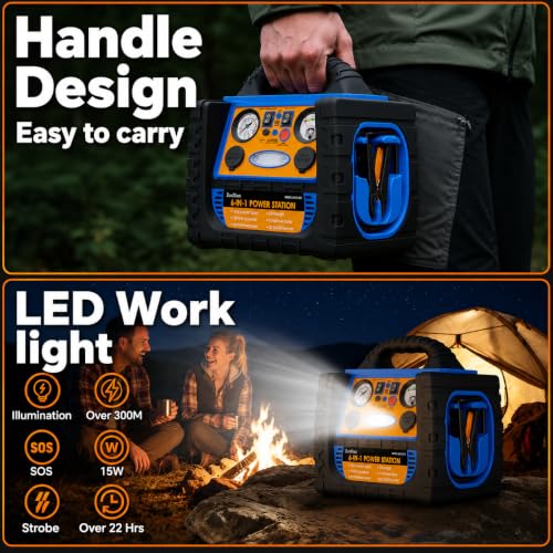 Car Jump Starter with Air Compressor, 2200A Battery Booster Pack for Up to 8.0L Gas & 6.0L Diesel, 150PSI Tire Inflator, 400W Portable Power Station with AC Outlet, 6-in-1 Jump Box for Cars, Trucks - style: 2200AMP