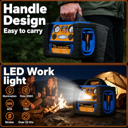 Car Jump Starter with Air Compressor, 1800A Battery Booster Pack for Up to 8.0L Gas & 6.0L Diesel, 150PSI Tire Inflator, 400W Portable Power Station with AC Outlet, 6-in-1 Jump Box for Cars, Trucks - style: 1800AMP