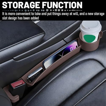 2PCS Car Seat Gap Filler Organizer with Cup Holder, Multifunctional Side Seat Crevice Blocker Plug with Storage Slot, No-Drop Auto Console Side Gap Stopper Organizer, Universal Fit (Brown) - color: Brown