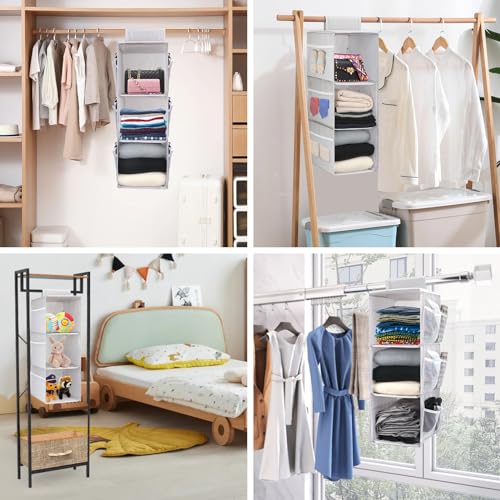 3-Shelf Hanging Closet Organizer, Space Saver, Closet Hanging Storage Shelves with Mesh Pockets & Magic Tap for Storage, Foldable-Grey
