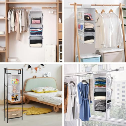 3-Shelf Hanging Closet Organizer, Space Saver, Closet Hanging Storage Shelves with Mesh Pockets & Magic Tap for Storage, Foldable-Grey