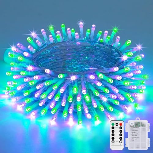 JMEXSUSS 33FT 100 LED Battery Operated Halloween Lights with Remote, Purple and Green Halloween Lights Indoor Outdoor, 8 Modes String Lights for Outside Yard Tree Front Porch Room House - color: Purple&Green, size: 1*100LED