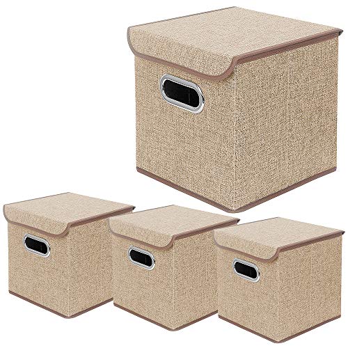 Storage Bin [Set of 4] Linen Fabric Foldable Container with Lid, Collapsible Organizer Boxes Cubes – 10 x 10 x 10 Inches (Beige) - color: Beige