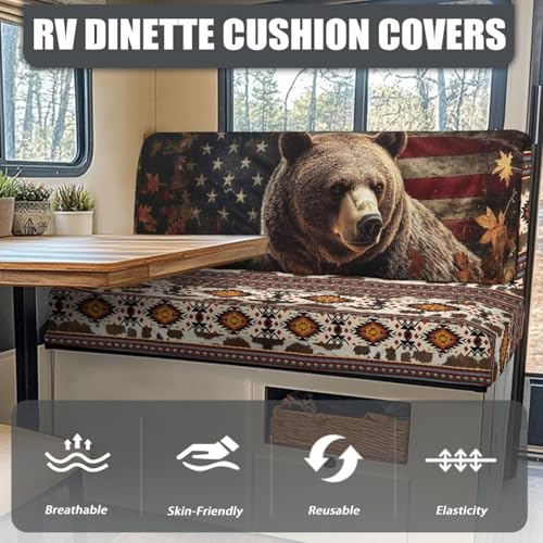 RV Cushion Covers Camper Slip Covers with Aztec American Flag Bear Print for RV Furniture Dinette Booth Set with 1 Bench & 1 Backrest Covers - color: Aztec American Flag Bear