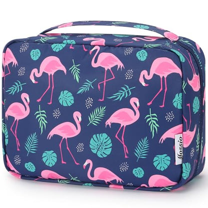 Mossio Hanging Toiletry Bag with Sturdy Hook - Large Portable Cosmetic Makeup Travel Organizer for Men & Women - color: Navy Flamingo