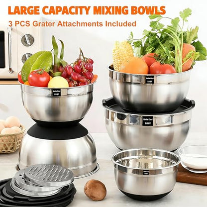 Thickened Heavy-Duty 26pcs Stainless Steel Bowl, Mixing Bowl Set with Lid, Grater Attachment, Non-Slip Bottom and Kitchen Gadget Set, Sizes 7, 4, 2.5, 2.0, 1.5, 1QT, Ideal for Mixing and Serving - color: Carbon Black
