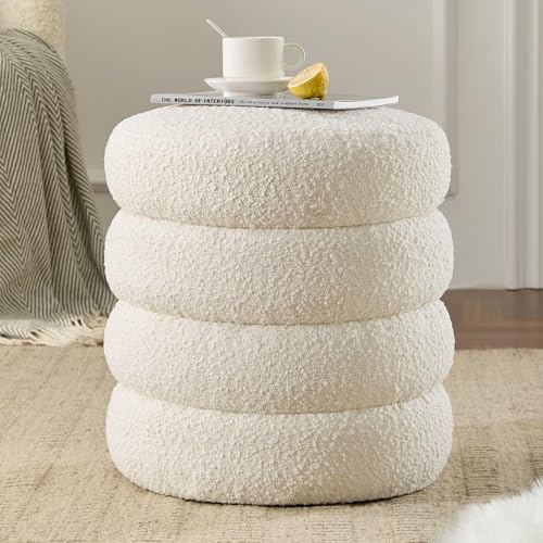 Krcix Round Ottoman with Storage Boucle Ottoman Stool with Storage Removable Lid for Living Room Modern Vanity Sorage Stool Foot Rest Bedroom Dorm Gift Set of 1 (White) - color: White, size: set of 1