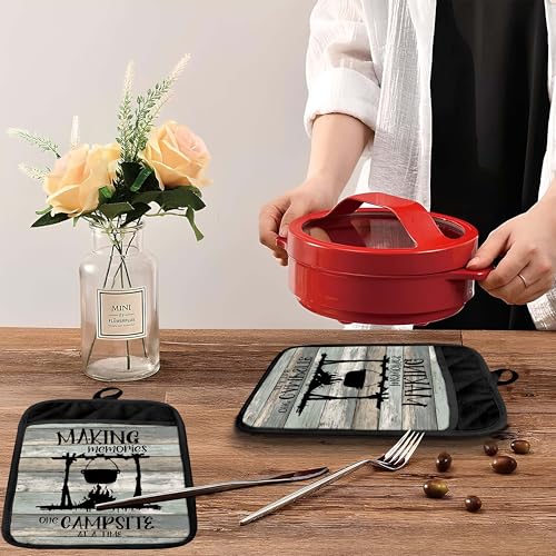 Rustic Camping Pot Holders with Pockets, Gifts for Camping Lovers, Making Memories One Campsite at a Time Oven Pot Holders Heat Resistant Oven Mitts Hot Pads for Kitchen Baking Cooking - color: Campfire-b